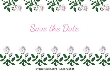 Wedding Horizontal Border. White Rose. Marriage Wedding invitation. Delicate flowers in a botanical doodling on a white background. Hand drawing style. Text. Stock vector illustration.