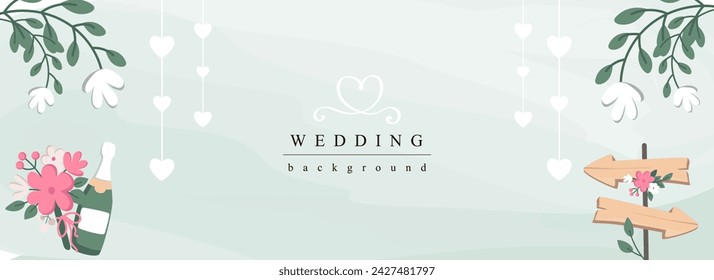 Banner web horizontal de la boda. Elegante invitación de matrimonio con tablas de madera, ramos de flores rosas, champán, guirnaldas de corazón. Ilustración vectorial para sitio web de cabecera, plantillas de portada en diseño moderno