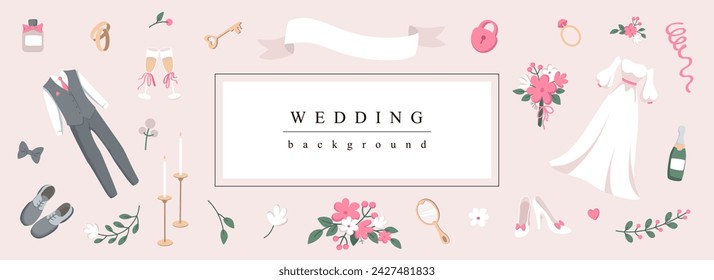 Hochzeit horizontale Web-Banner. Elegante Hochzeitseinladung mit Blumen, Bräutigam Anzug, Brautkleid, Girlande, Schlüssel, anderes Symbol. Vektor-Illustration für Header-Website, Cover-Vorlagen im modernen Design