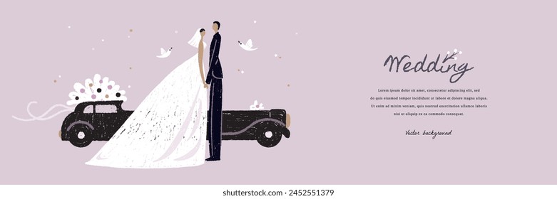 Hochzeit Horizontales Web Banner, Landing Page oder Bildschirmhintergrund mit Cartoon Handgezeichnete Braut, Bräutigam und Hochzeitsauto. Vektorillustration