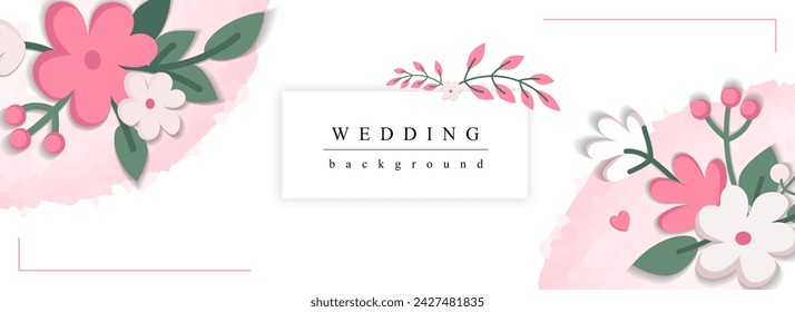 Wedding horizontal web banner. Romantic marriage party invitation with abstract pink and white blooming flowers with leaves. Vector illustration for header website, cover templates in modern design