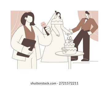Gastgeber der Hochzeit einzelne Cartoon-Vektorgrafiken. Lächelnder Gastgeber mit Mikrofon führt die Hochzeit, Veranstaltungsplanung, Unterhaltung Geschäft, professionelle Menschen, Service-Sektor Vektor Cartoon.