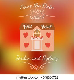 Wedding house for newlyweds over abstract colorful blurred vector background. Element for wedding designs, website, logo, and other. Greeting card template, Save the Date.