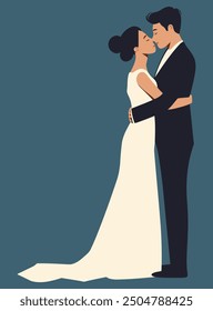 Wedding Hug Couple, Romantic Newlyweds Embracing on Their Special Day for Wedding Invitations and Love Themes Flat Vector Illustration