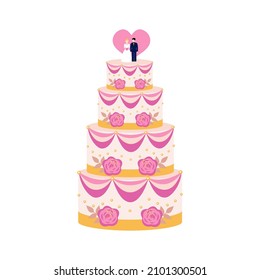 Wedding. Huge wedding cake decorated with ribbons, with figures of the bride and groom. Icon, clipart for website, wedding applications, celebration organisation, invitations. Vector flat illustration