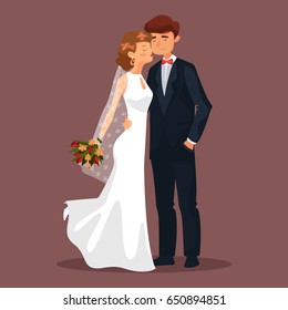 Wedding with husband and wife, married couple at celebration. Woman with veil and flower bouquet kissing or touching her man. Bridal ceremony, cartoon people, male or female in dress and earrings.