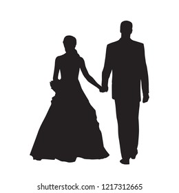 Wedding, husband and wife walking together, isolated vector silhouette