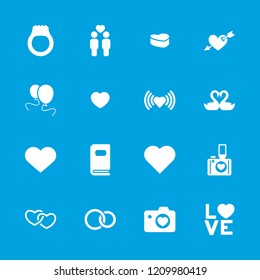 Wedding icon. collection of 16 wedding filled icons such as heart, gay couple, heart with camera, love word, photo album, ring. editable wedding icons for web and mobile.