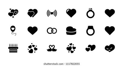 Wedding icon. collection of 18 wedding filled icons such as heart, hearts, swan heart, ring, cake. editable wedding icons for web and mobile.