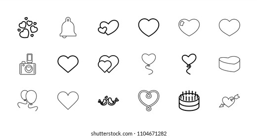 Wedding icon. collection of 18 wedding outline icons such as cake, hearts, heart, lovebirds, heart balloons. editable wedding icons for web and mobile.
