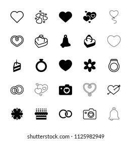 Wedding icon. collection of 25 wedding filled and outline icons such as flower, bell, ring, heart with camera, heart, ring in box. editable wedding icons for web and mobile.