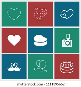 Wedding icon. collection of 9 wedding filled and outline icons such as heart cake, cake, heart. editable wedding icons for web and mobile.