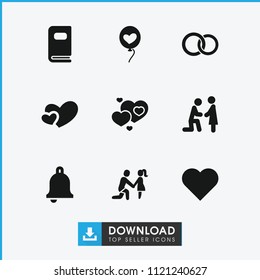 Wedding icon. collection of 9 wedding filled icons such as heart, marriage proposal, heart balloons, photo album, bell, hearts. editable wedding icons for web and mobile.