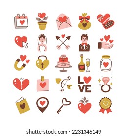 Wedding icon collection. Colorful love symbols, wedding and celebration elements. Perfect for weddings and Valentine's events. 25 Hand drawn clipart isolated on white background. Set 1 of 2.