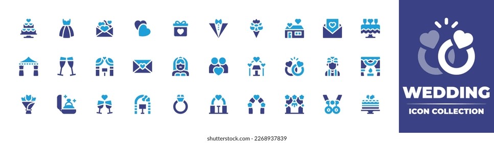 Wedding icon collection. Duotone color. Vector illustration. Containing wedding cake, wedding dress, love letter, hearts, gift, suit, flower bouquet, house, invitation, tent, arch.