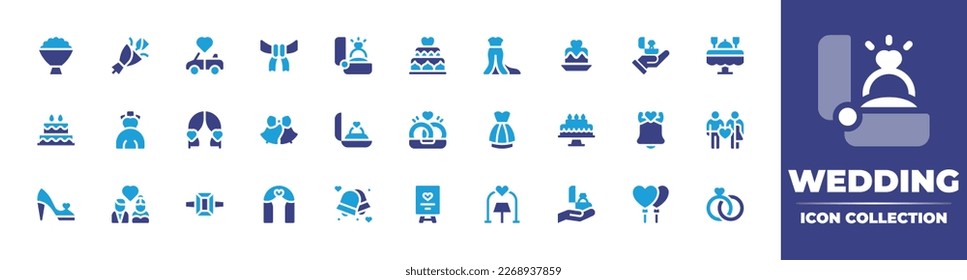 Wedding icon collection. Duotone color. Vector illustration. Containing flower bouquet, bouquet, car, ribbon, marriage, wedding cake, wedding dress, cake, wedding ring, dinner, arch.