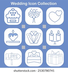 A wedding icon collection on a blue background featuring a cupcake, heart balloons, double hearts, candle on a stand, tuxedo, candles, love sign, bed with heart, and gift box, all enclosed in rounded 