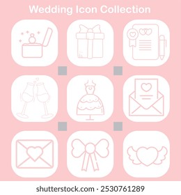 A wedding icon collection on a pink background featuring an engagement ring, gift box, wedding certificate, champagne glasses, wedding dress, love letter, envelope, ribbon bow, and heart with wings