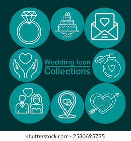 A wedding icon collection on a teal background featuring an engagement ring, wedding cake, love letter, hands holding a heart, perfume, bride and groom, location pin, and heart with an arrow