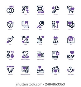 Wedding icon pack for your website, mobile, presentation, and logo design. Wedding icon dual tone design. Vector graphics illustration and editable stroke.