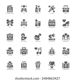Wedding icon pack for your website, mobile, presentation, and logo design. Wedding icon glyph design. Vector graphics illustration and editable stroke.