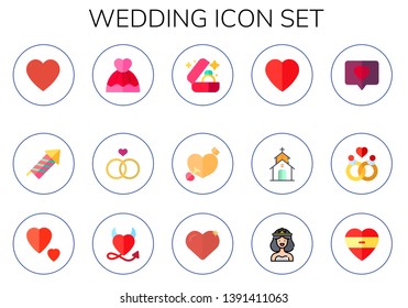 wedding icon set. 15 flat wedding icons.  Collection Of - hearts, firecracker, wedding dress, ring, cupid, heart, church, love, marriage, bride
