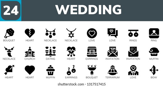 wedding icon set. 24 filled wedding icons.  Simple modern icons about  - Bouquet, Heart, Necklace, Love, Rings, Ring, Church, Dating, Earrings, Invitation, Muffin, Terrarium, Bow