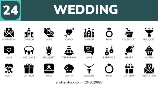 wedding icon set. 24 filled wedding icons.  Collection Of - Invitation, Church, Love, Cupid, Ring, Ice bucket, Bouquet, Necklace, Terrarium, Earrings, Heart, Muffin, Gift box