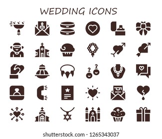  wedding icon set. 30 filled wedding icons. Simple modern icons about  - Bouquet, Invitation, Bracelet, Love, Ring, Bow, Boyfriend, Church, Muffin, Necklace, Cupid, Heart, Terrarium