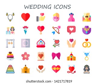 wedding icon set. 30 flat wedding icons.  Simple modern icons about  - jewelry, heart, love, in love, wedding dress, invitation, bride and groom, bouquet, cupid, necklace, rings