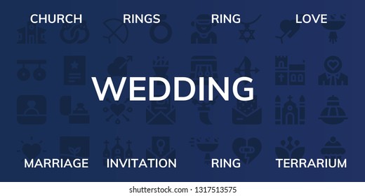 wedding icon set. 32 filled wedding icons. on blue background style Collection Of - Church, Rings, Ring, Love, Marriage, Invitation, Terrarium, Bow, Heart, Bouquet, Boyfriend