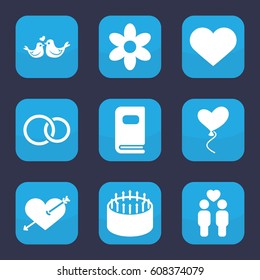 Wedding icon. set of 9 filled wedding icons such as flower, heart with arrow, cake, gay couple, lovebirds, heart baloons, rings, heart