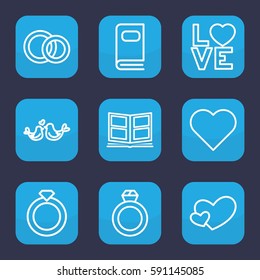 wedding icon. Set of 9 outline wedding icons such as love word, lovebirds, heart, engagement rings, photo album