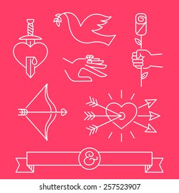 Wedding icon set, arrows, hearts, bow, ribbon, dagger, dove, ring, rose and hands. Engagement vector graphic. Date line symbols.