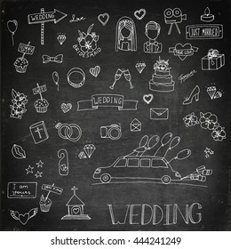 Wedding icon set. Wedding cake, wedding attribute. Wedding gifts. Wedding doodle. Wedding ceremony. Wedding photo. Wedding limo. Wedding. Hand drawn vector stock illustration. Chalk board drawing.