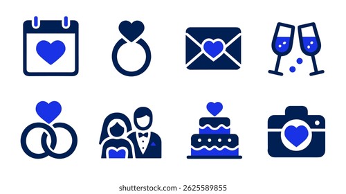 Wedding Icon Set Calendar, Rings, Envelope, Champagne, Couple, Cake, Camera
