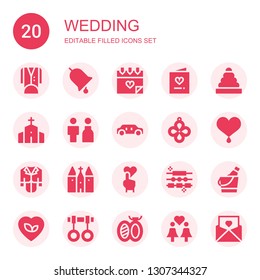 wedding icon set. Collection of 20 filled wedding icons included Tuxedo, Ring, Love, Invitation, Chapel, Bride, Limousine, Pendant, Heart, Tux, Church, Jewelry, Ice bucket