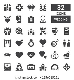 wedding icon set. Collection of 32 filled wedding icons included Pendant, Ring, Church, Terrarium, Bride, Invitation, Ice bucket, Rings, Love, Heart, Limousine, Earrings, Bouquet