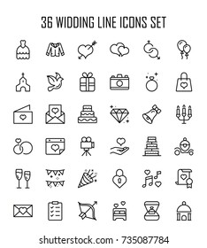 Wedding icon set. Collection of high quality outline wedding invitation pictograms in modern flat style. Bride and groom black symbol for web design and mobile app on white background. Cake line logo.