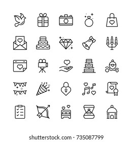 Wedding icon set. Collection of high quality outline wedding invitation pictograms in modern flat style. Bride and groom black symbol for web design and mobile app on white background. Cake line logo.