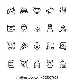 Wedding icon set. Collection of high quality outline wedding invitation pictograms in modern flat style. Bride and groom black symbol for web design and mobile app on white background. Cake line logo.
