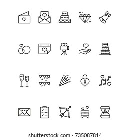 Wedding icon set. Collection of high quality outline wedding invitation pictograms in modern flat style. Bride and groom black symbol for web design and mobile app on white background. Cake line logo.