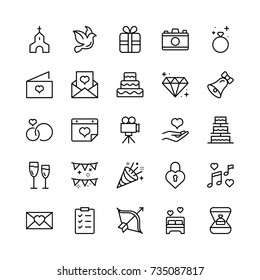 Wedding icon set. Collection of high quality outline wedding invitation pictograms in modern flat style. Bride and groom black symbol for web design and mobile app on white background. Cake line logo.