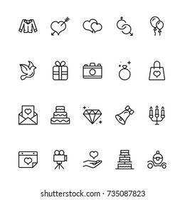 Wedding icon set. Collection of high quality outline wedding invitation pictograms in modern flat style. Bride and groom black symbol for web design and mobile app on white background. Cake line logo.