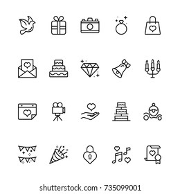 Wedding icon set. Collection of high quality outline wedding invitation pictograms in modern flat style. Bride and groom black symbol for web design and mobile app on white background. Cake line logo.