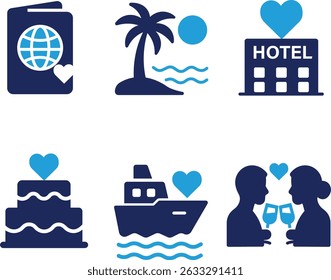 Coleção de conjunto de ícone de casamento. passaporte, cruzeiro, hotel, casal amor, ilha, história de amor, coração, cerimônia, bolo etc. E conjunto de ícone sólido.