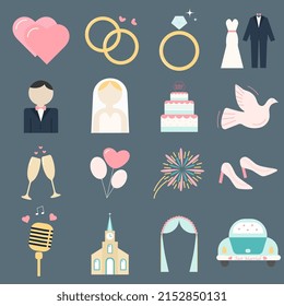 Wedding icon set in color.  Bridal, romantic. 