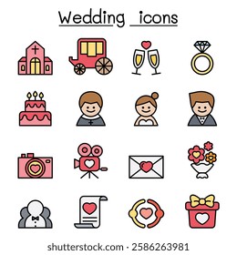 Wedding icon set in color line style