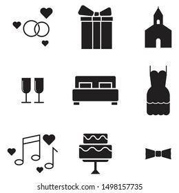 wedding icon set. gift box, church, wine glasses, bed, cake, music, bride, groom black and isolated vector illustration