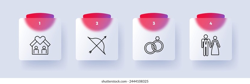 Wedding icon set. House, living together, bow, rings, man, woman, wedding suit and dress, heart, love, getting married, numbering. Concept of starting a relationship. Glassmorphism style.